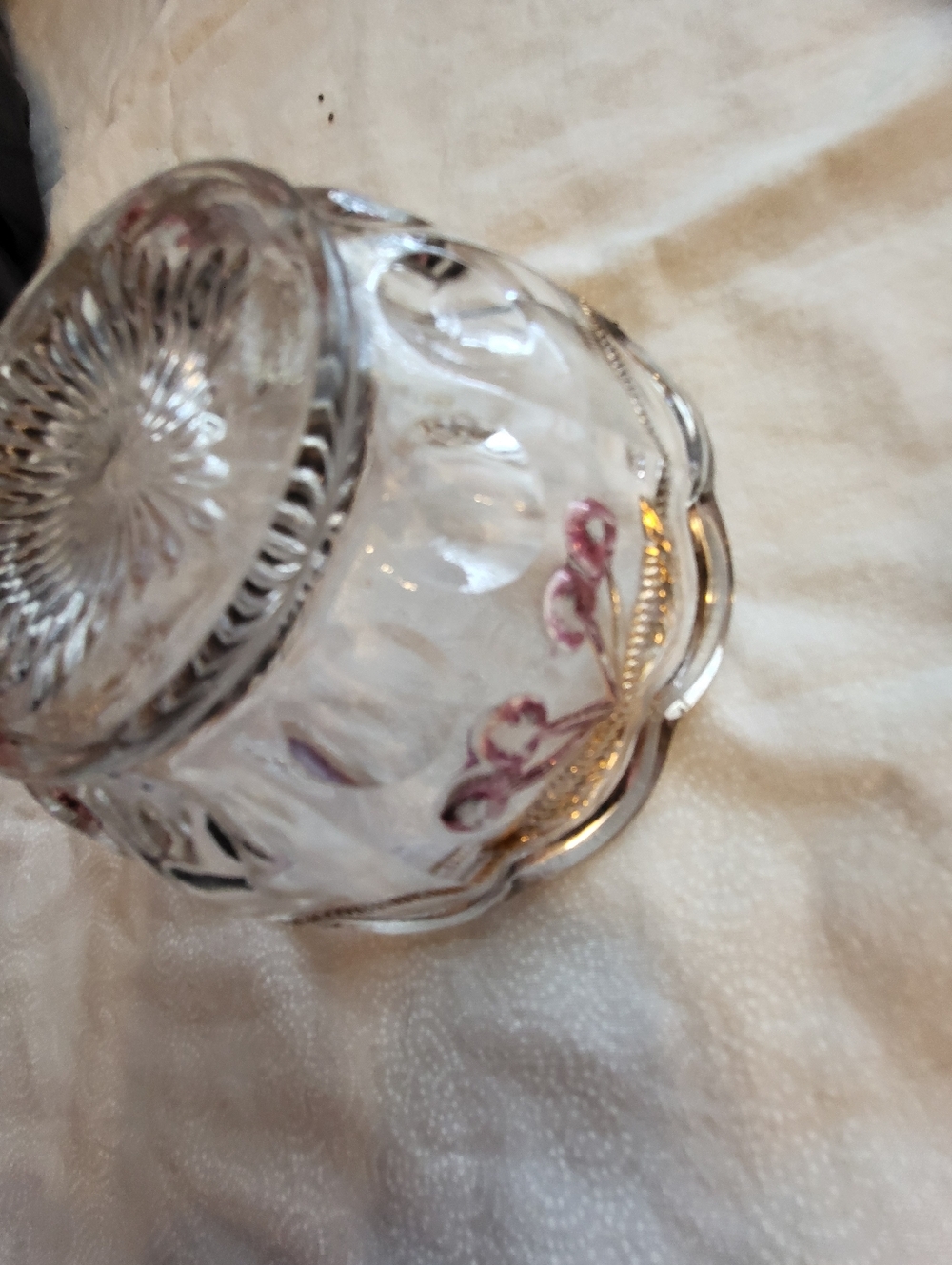 Clear 4.5 Inch Glass Decorative Bowl with Pink Cherry Motif - Picture 4 of 10